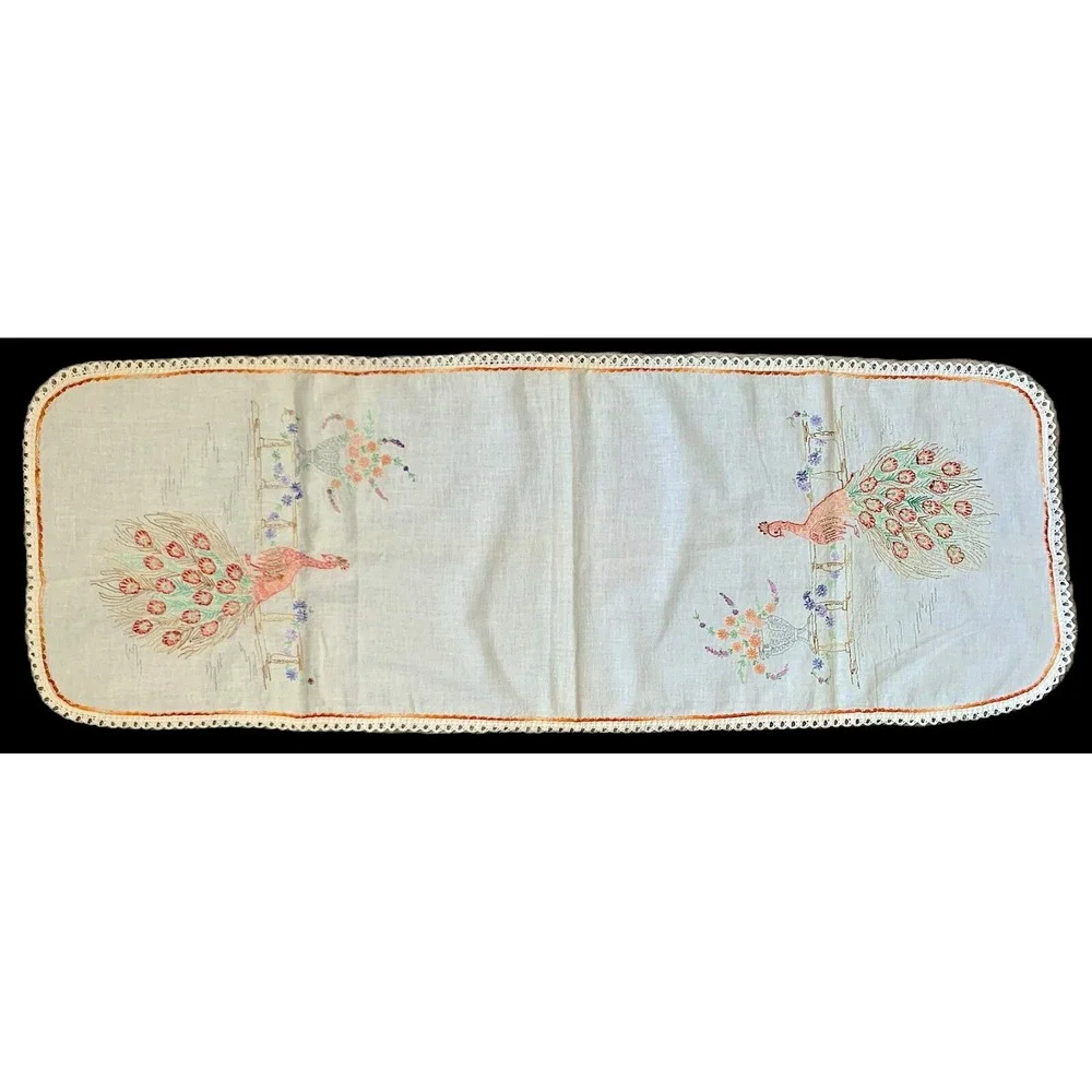 Vintage PEACOCK, Fence & Urn Table Runner Dresser Scarf 36
